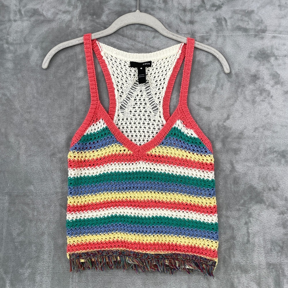 Aqua Crochet Tank‎ Top Women's Small Fringed Hem Multi-Color Striped
